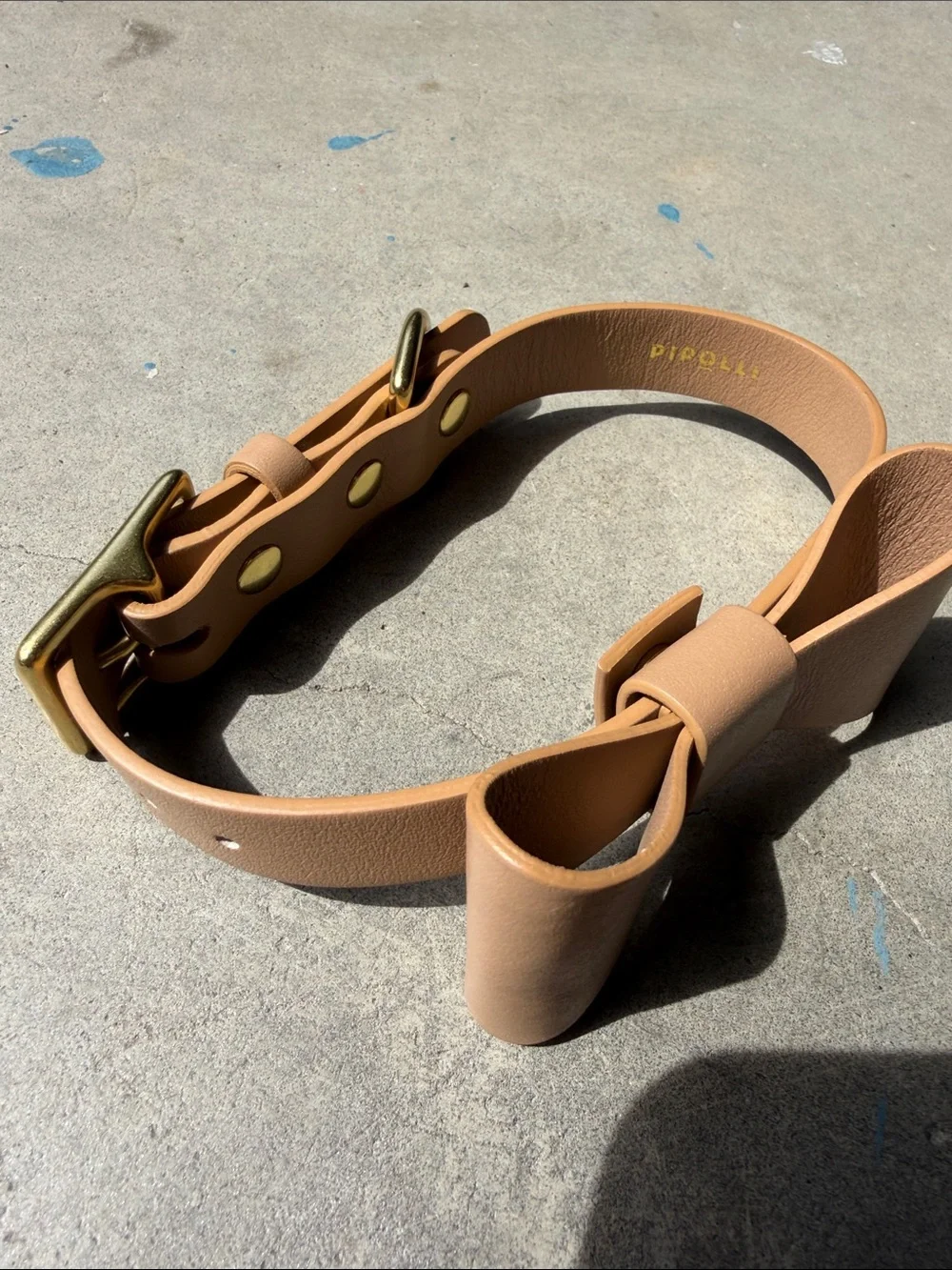 Tan Leather Bow Dog Collar with Gold Hardware - Designer Style